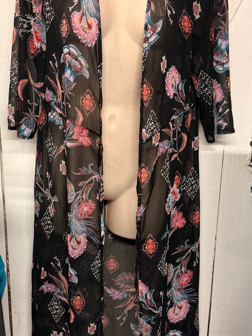 Sheer Floral Kimono Robe - Black with Pink & Blue Floral Print